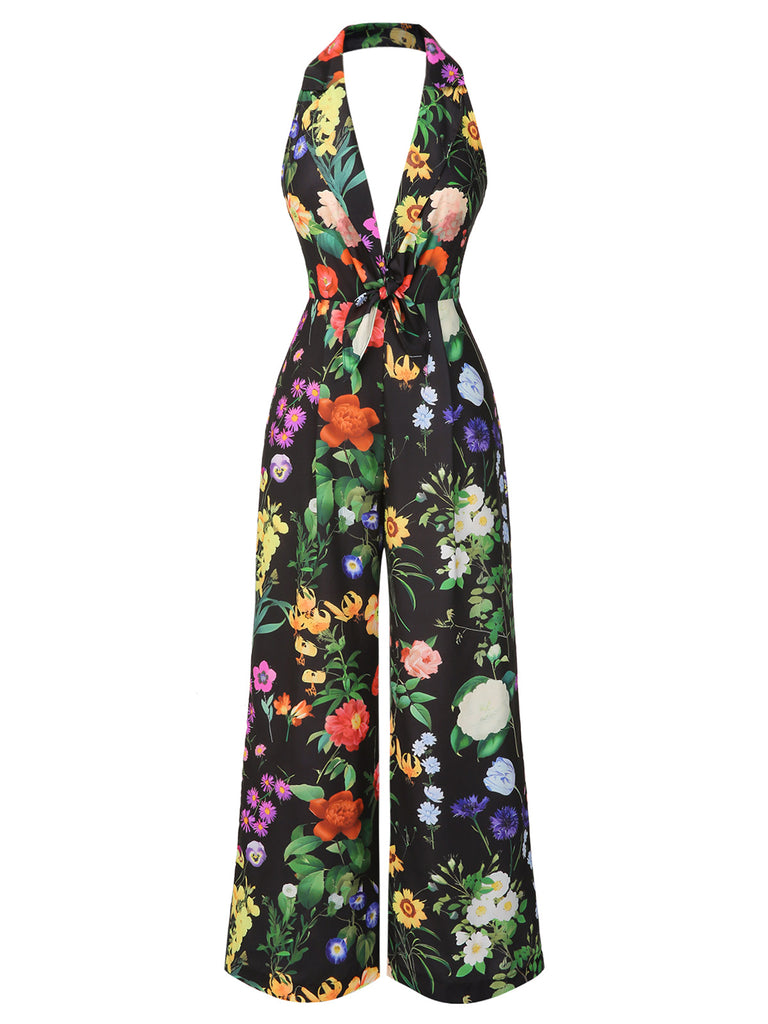 Black 1930s Floral V-Neck Halter Jumpsuit