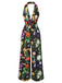 Black 1930s Floral V-Neck Halter Jumpsuit