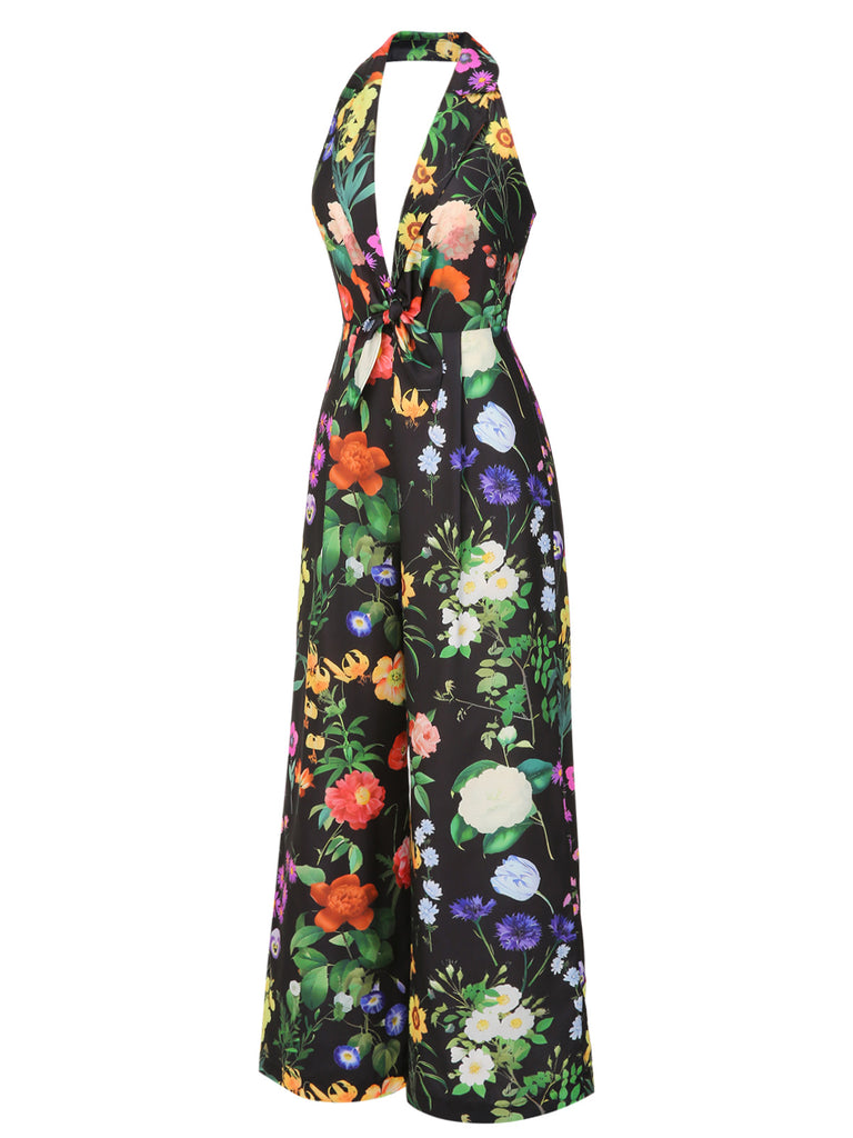 Black 1930s Floral V-Neck Halter Jumpsuit