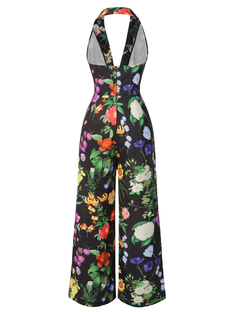 Black 1930s Floral V-Neck Halter Jumpsuit
