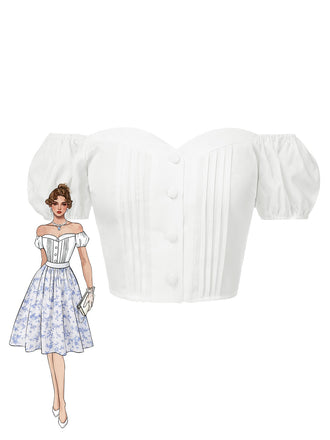 White 1950s Off-Shoulder Puff Pleated Top
