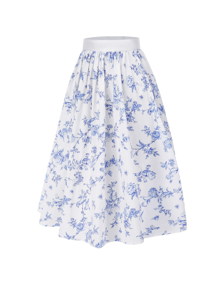 2PCS White 1950s Off-Shoulder Puff Top & Floral Skirt