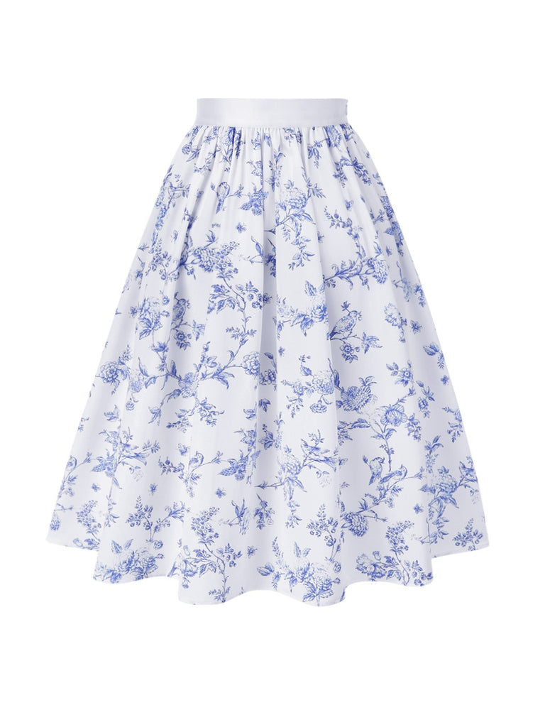 2PCS White 1950s Off-Shoulder Puff Top & Floral Skirt
