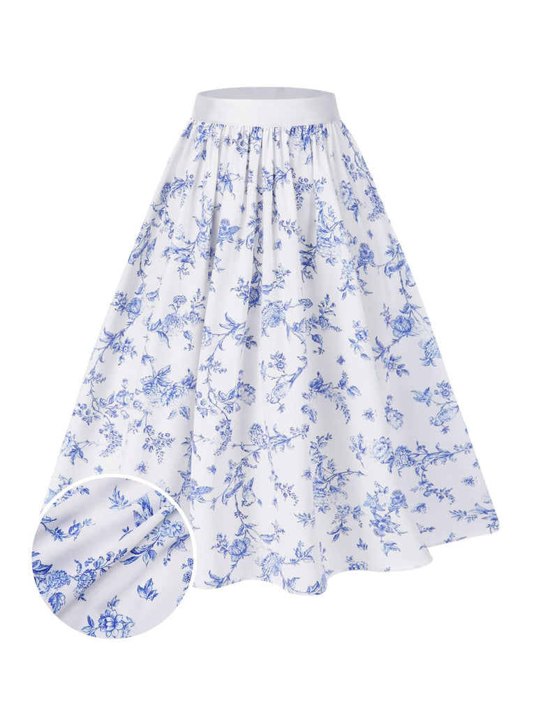 Blue 1950s Blue & White Porcelain Floral Skirt