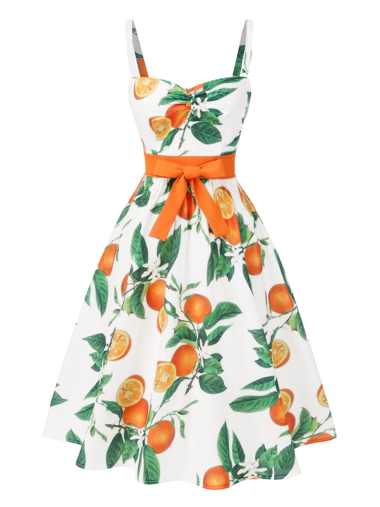 1950s Orange Bow-Waist Strap Dress