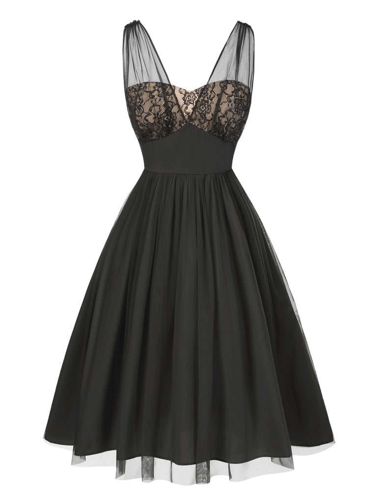 Black 1950s Lace Floral Mesh Swing Dress