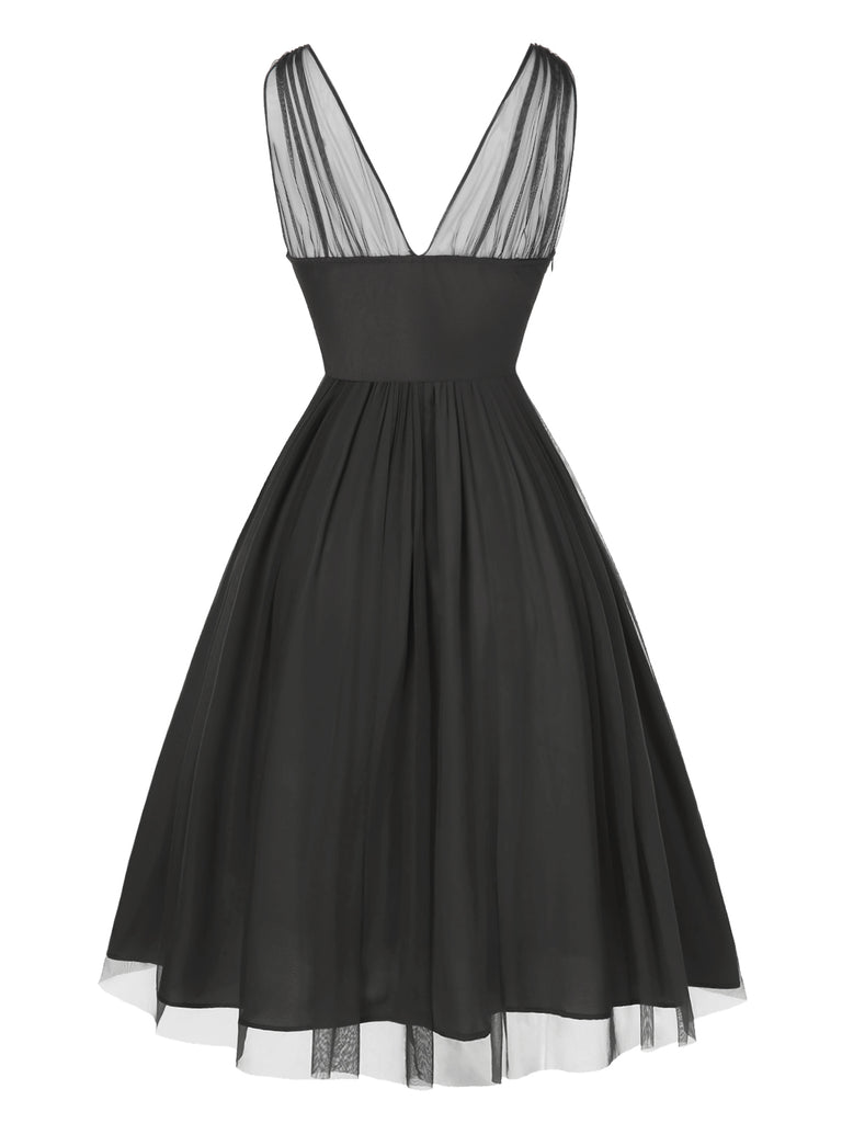 Black 1950s Lace Floral Mesh Swing Dress