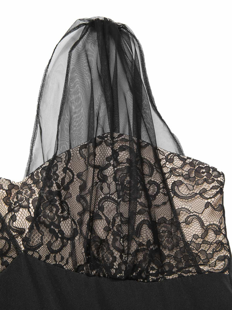 Black 1950s Lace Floral Mesh Swing Dress