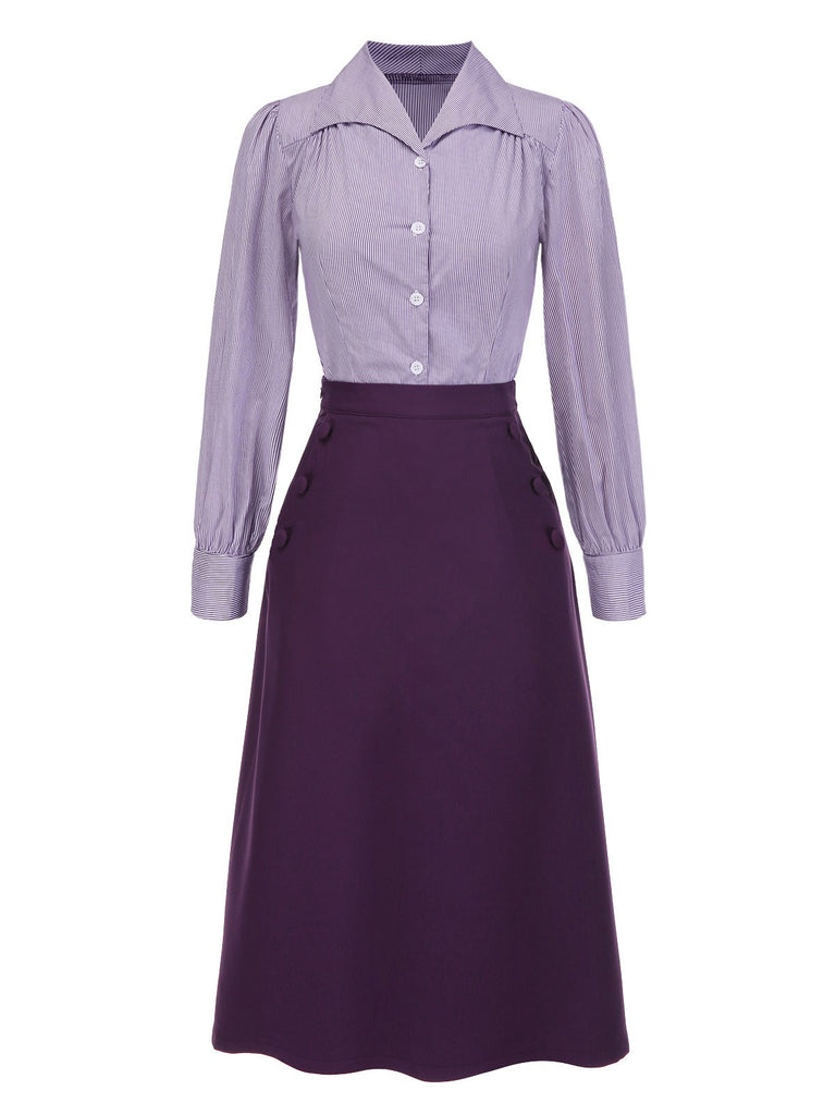 [Pre-Sale] 2PCS Lavender 1940s Lapel Striped Blouse & Solid Skirt