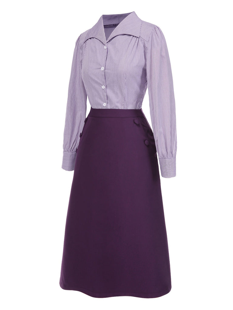 [Pre-Sale] 2PCS Lavender 1940s Lapel Striped Blouse & Solid Skirt