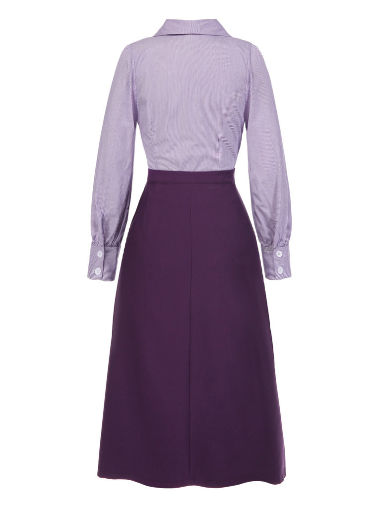 [Pre-Sale] 2PCS Lavender 1940s Lapel Striped Blouse & Solid Skirt