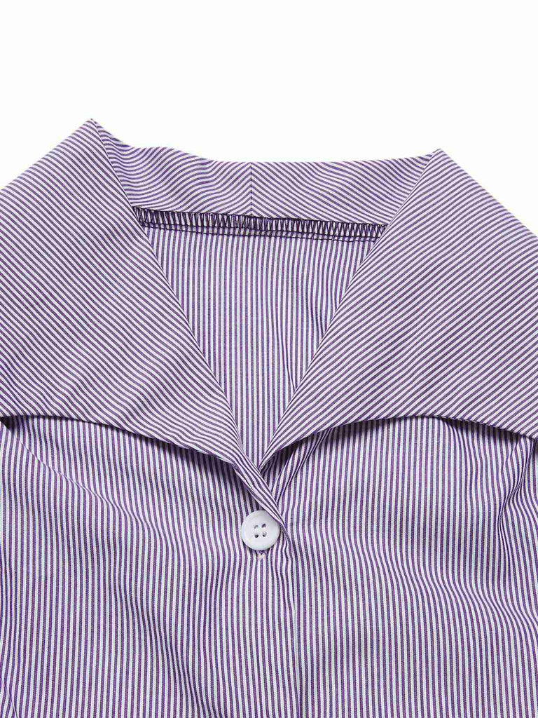 [Pre-Sale] 2PCS Lavender 1940s Lapel Striped Blouse & Solid Skirt