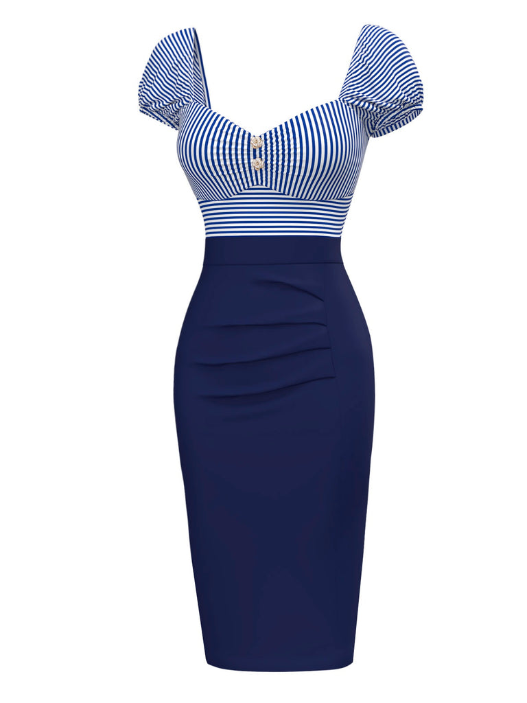 Dark Blue 1960s Striped Puff Sleeves Pencil Dress