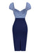 Dark Blue 1960s Striped Puff Sleeves Pencil Dress