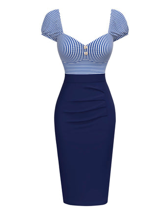 Dark Blue 1960s Striped Puff Sleeves Pencil Dress