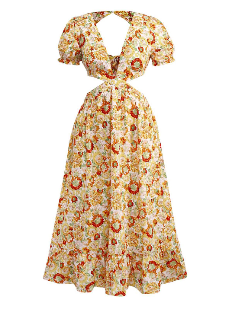 Orange 1970s Deep V-Neck Sunflower Boho Dress