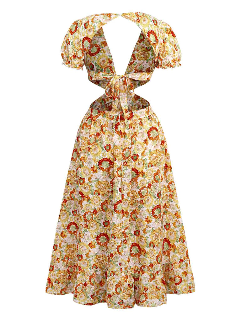 Orange 1970s Deep V-Neck Sunflower Boho Dress