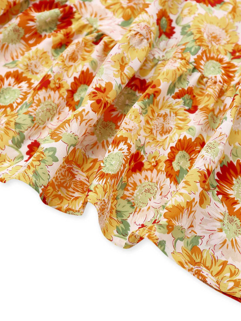 Orange 1970s Deep V-Neck Sunflower Boho Dress