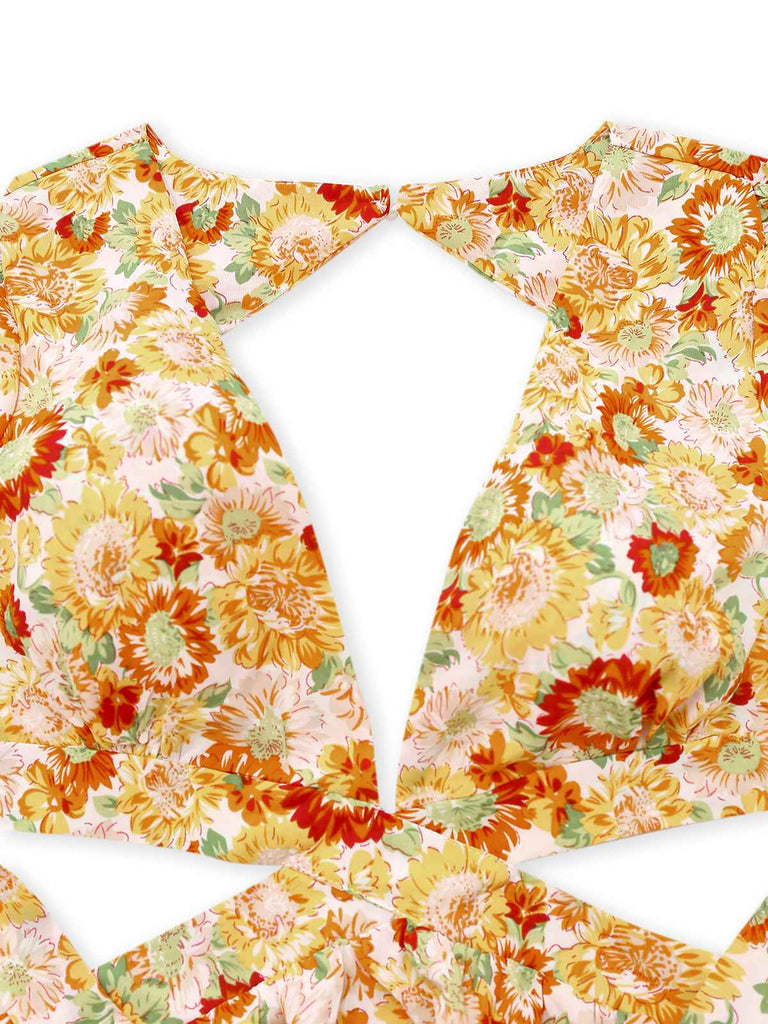 Orange 1970s Deep V-Neck Sunflower Boho Dress