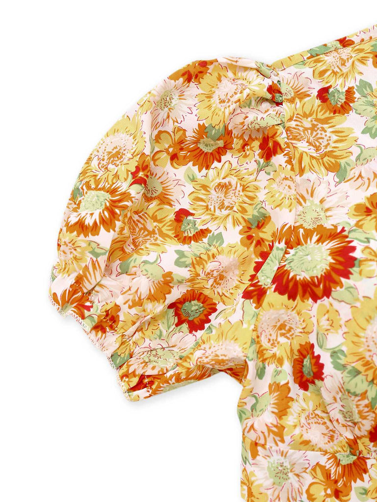 Orange 1970s Deep V-Neck Sunflower Boho Dress