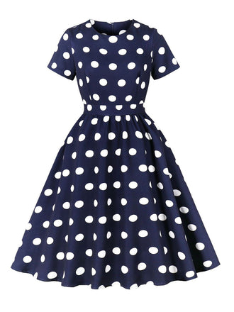Dark Blue 1950s Polka Dot Swing Dress