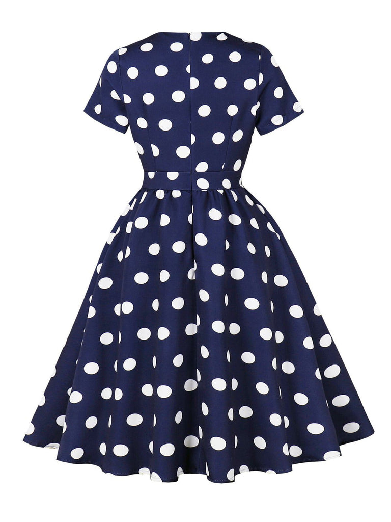 Dark Blue 1950s Polka Dot Swing Dress