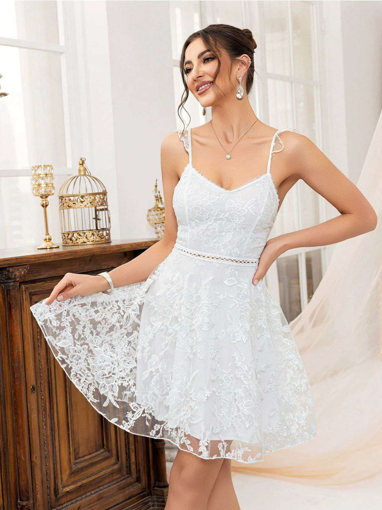 1950s Solid Embroidered Mesh Tie Back Dress