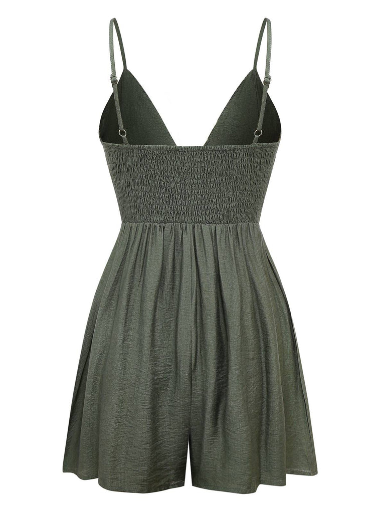 Dark Green 1950s Embroidery Patchwork Smocked Romper