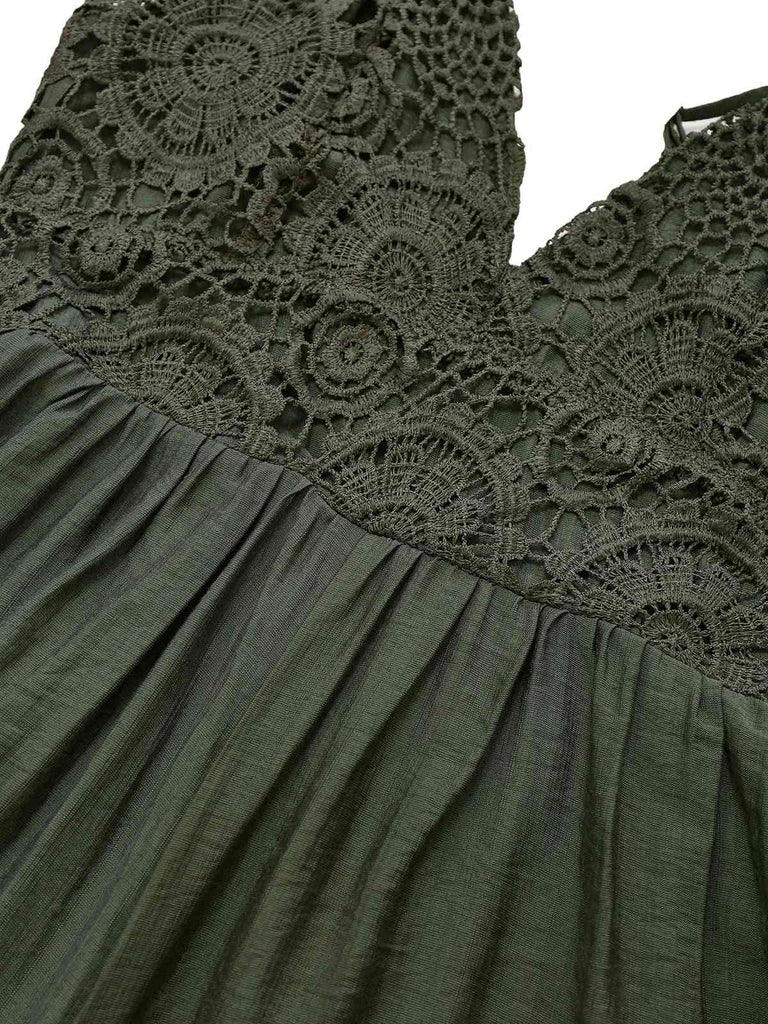 Dark Green 1950s Embroidery Patchwork Smocked Romper