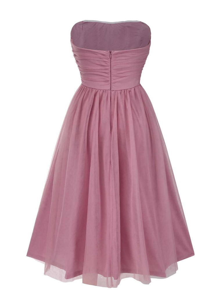 1950s Strapless Ruched Mesh Sleeveless Dress