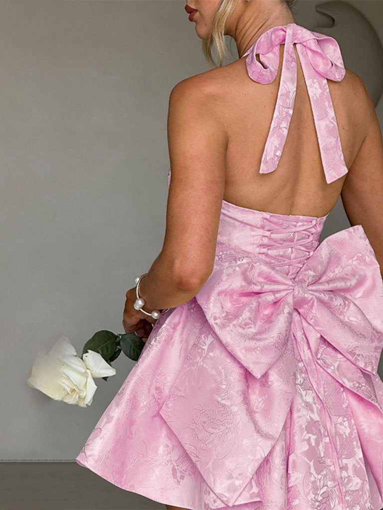Pink 1960s Back Bow Jacquard Floral Dress