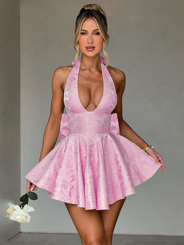 Pink 1960s Back Bow Jacquard Floral Dress