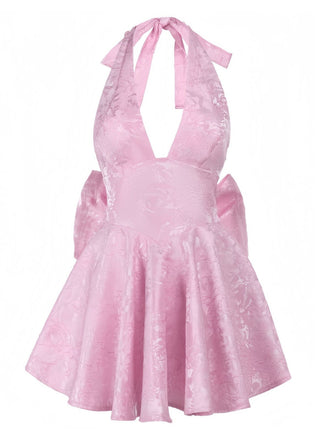 Pink 1960s Back Bow Jacquard Floral Dress