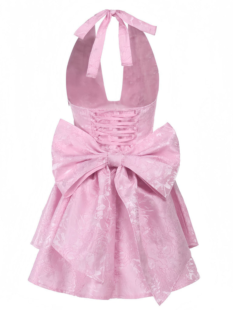 Pink 1960s Back Bow Jacquard Floral Dress