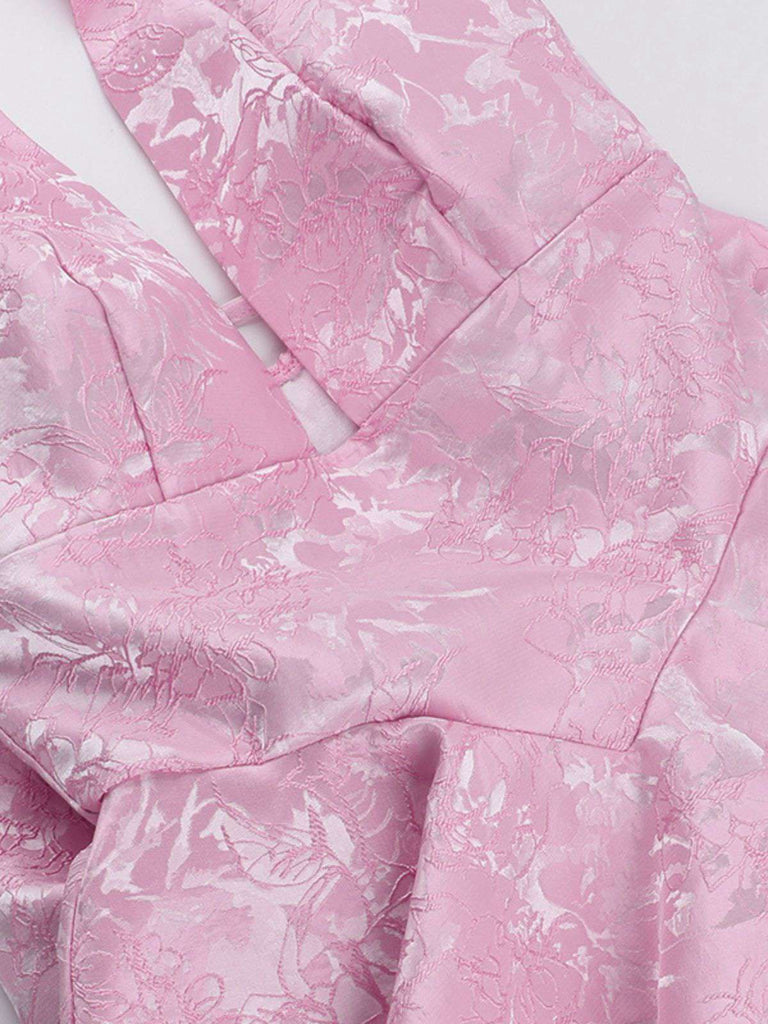 Pink 1960s Back Bow Jacquard Floral Dress