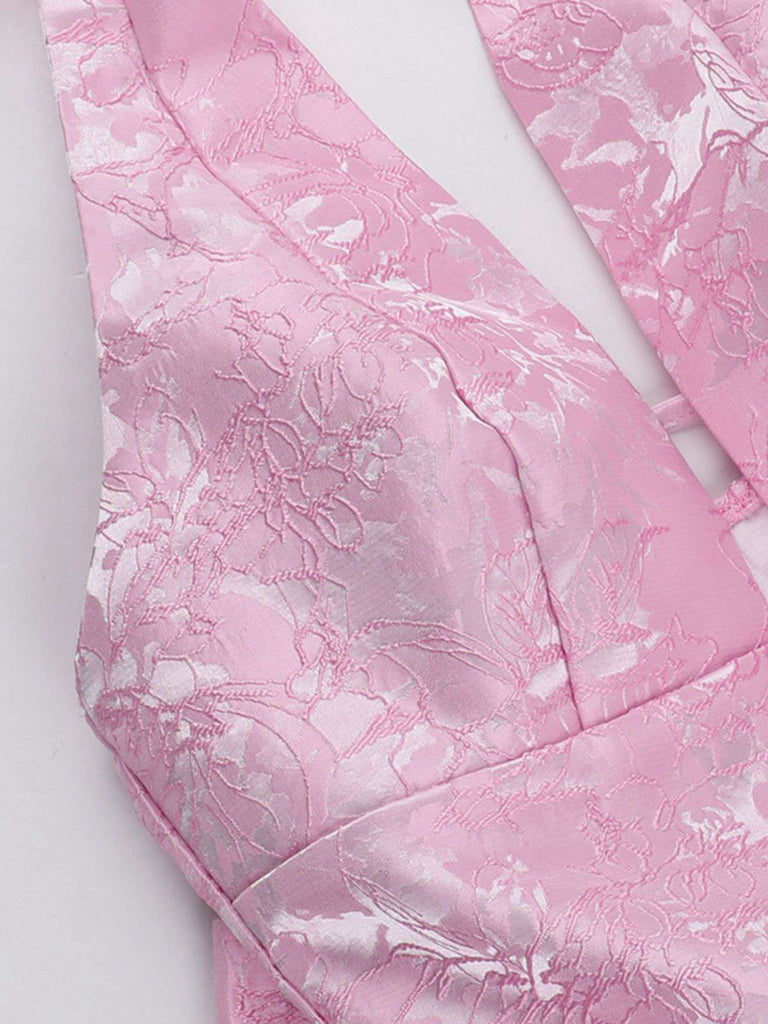 Pink 1960s Back Bow Jacquard Floral Dress
