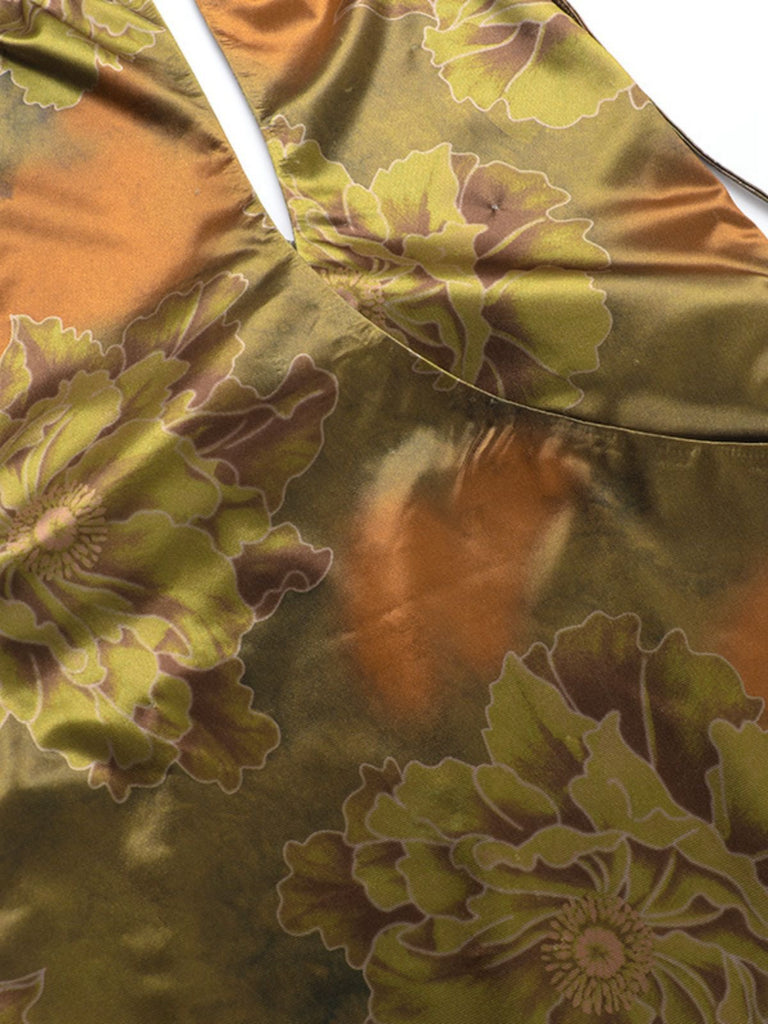 Green 1960s Floral Halter Hollow Backless Dress