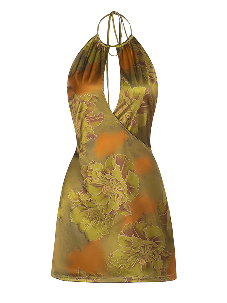 Green 1960s Floral Halter Hollow Backless Dress