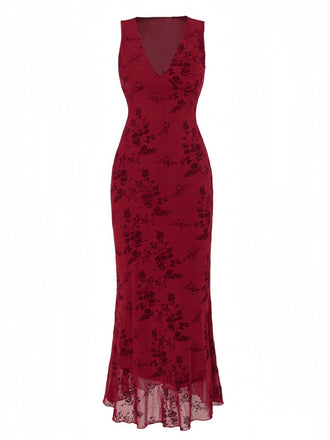 Wine Red 1930s V-Neck Floral Mesh Dress