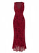 Wine Red 1930s V-Neck Floral Mesh Dress