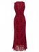 Wine Red 1930s V-Neck Floral Mesh Dress