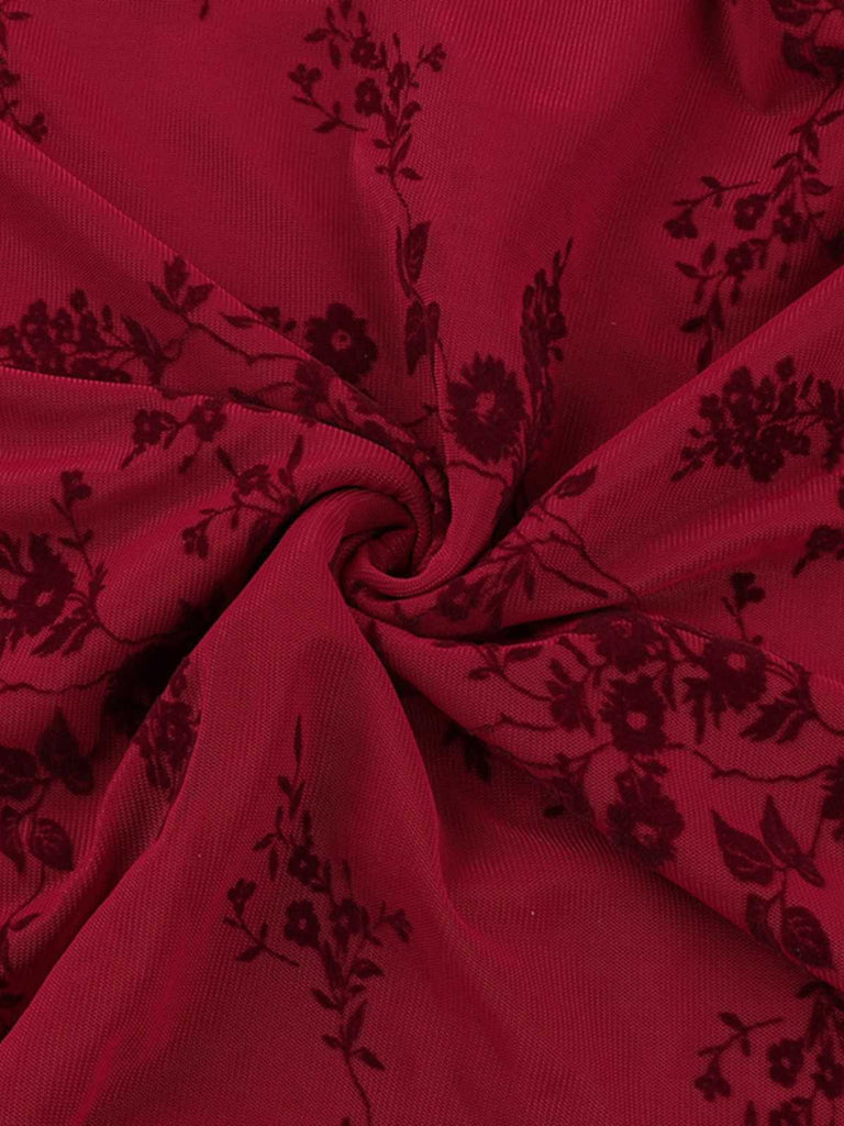 Wine Red 1930s V-Neck Floral Mesh Dress