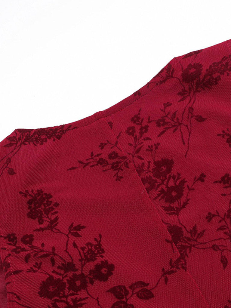 Wine Red 1930s V-Neck Floral Mesh Dress