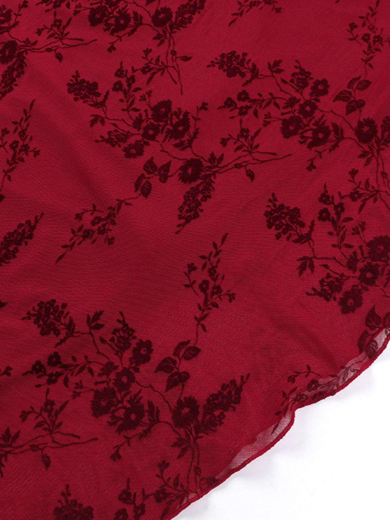 Wine Red 1930s V-Neck Floral Mesh Dress