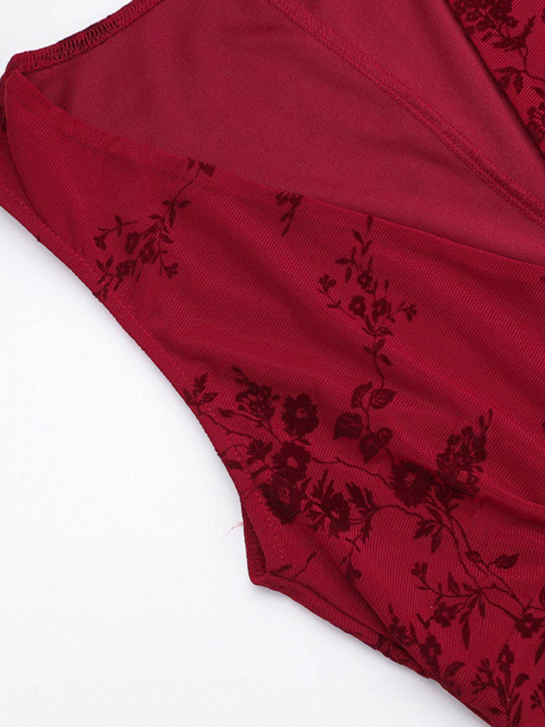 Wine Red 1930s V-Neck Floral Mesh Dress