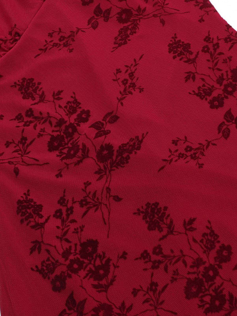 Wine Red 1930s V-Neck Floral Mesh Dress