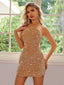 Champagne 1920s Sequined Cross Strap Halter Bodycon Dress