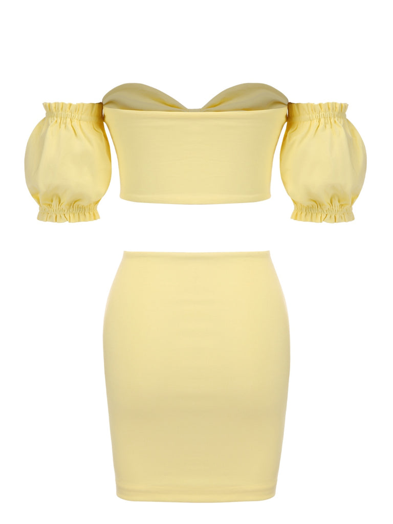 2PCS Yellow 1960s Solid Tube Top & Bodycon Skirt