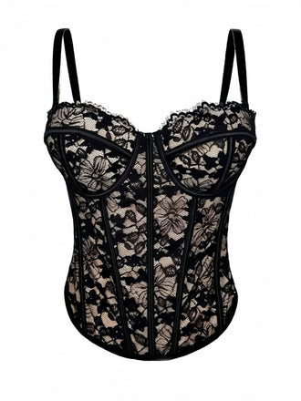 Black 1970s Lace Floral Herringbone Corset