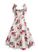 White 1950s Rose Print Lace-Up A-Line Dress